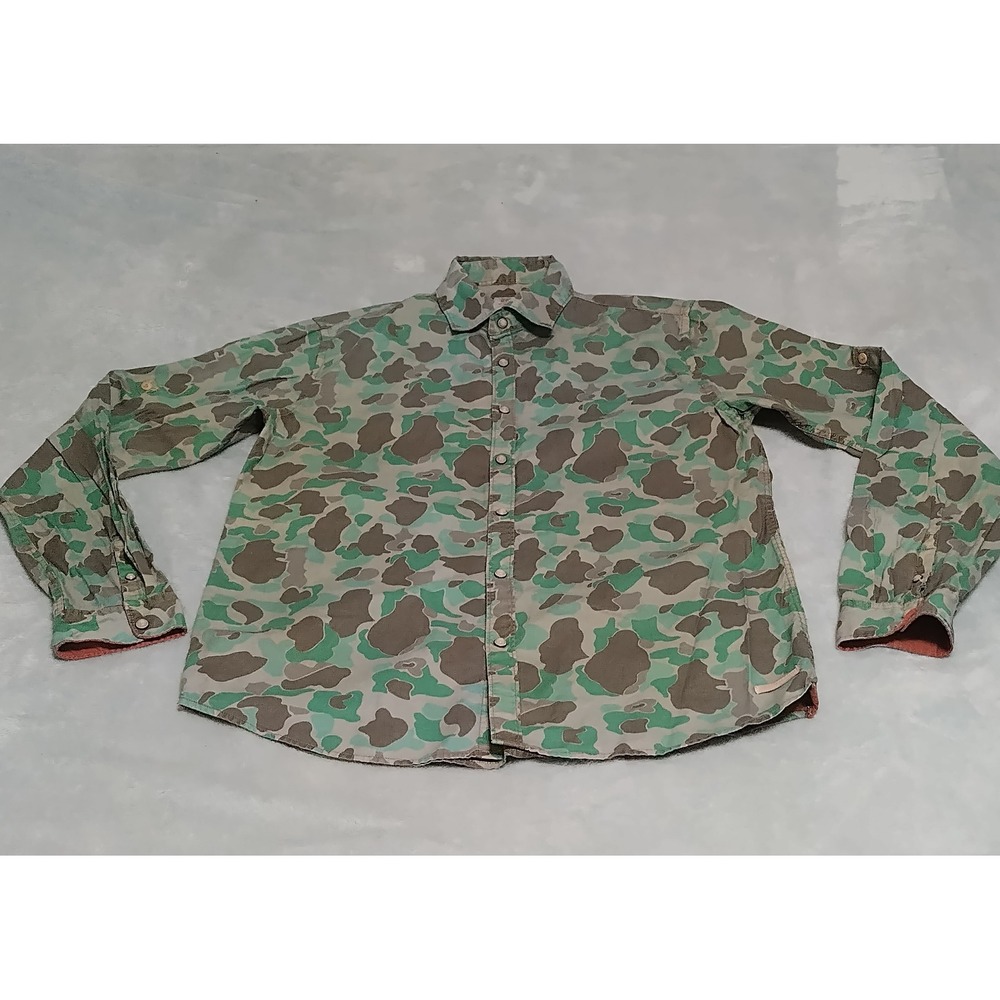 Vintage Scotch & Soda Men Frogskin Camouflage Roll Tab Sleeve Snap Buttons Green